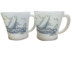 Glasbake Sailboat Coffee Cups (set of two) Currier & Ives White/Blue Vintage